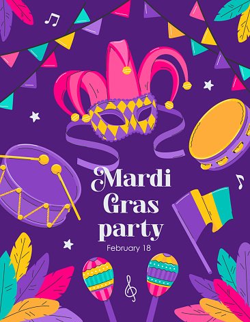Mardi Gras party poster. Card, invitation template for masquerade carnival, festival. Venetian facial mask, drum, maracas, feathers. Flat vector illustration on purple background. Clipping mask.