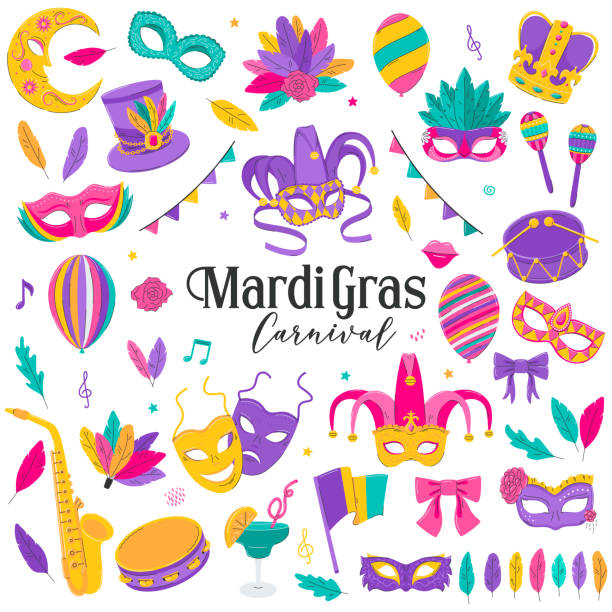 Mardi Gras traditional symbols collection. Decorative elements for Mardi Gras, Venetian festival. Carnival masks, party decorations, feathers. Flat vector illustrations isolated on a white background Mardi Gras traditional symbols collection. Decorative elements for Mardi Gras, Venetian festival. Carnival masks, party decorations, feathers. Flat vector illustrations isolated on a white background. new orleans fleur de lis stock illustrations