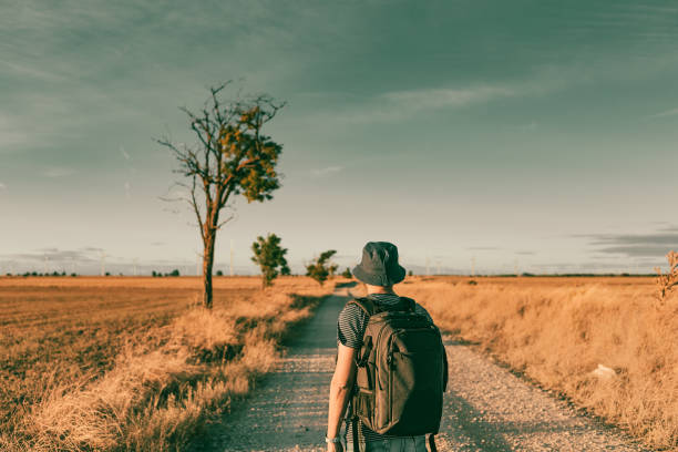 Castilla y león, Spain. Man with his back turned, wearing a hat, looking into the distance at the way forward in a countryside setting with agricultural fields and scattered trees.