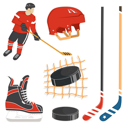 Set of ice hockey player and equipment icon. Vector illustration. Set include player, helmet, sticks, puck and skates