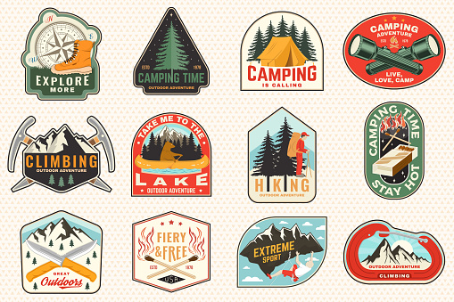 Set of camping patch, sticker. Outdoor adventure vector badge design. Vintage typography design with knives, bear in canoe, matches stick, burning lighter, hiker, climbing ice-axe match and forest.