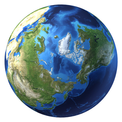 Earth globe, realistic 3D rendering. Arctic view (North pole). At white background.