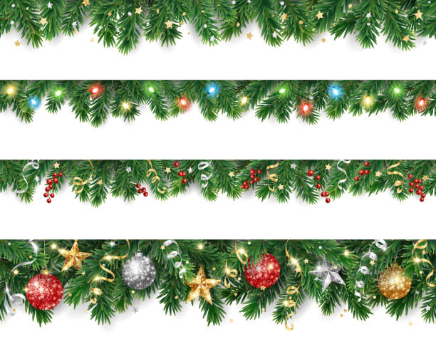 ilustrações de stock, clip art, desenhos animados e ícones de christmas tree holiday decoration on transparent background, vector. fir tree garland, border. - ouropel