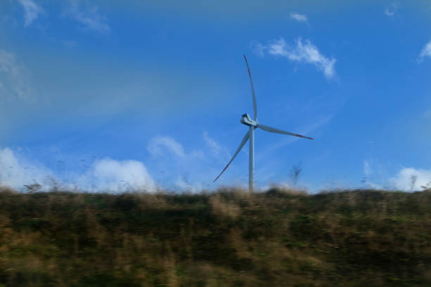 Windmills in a forest with a blue sky with some clouds in background