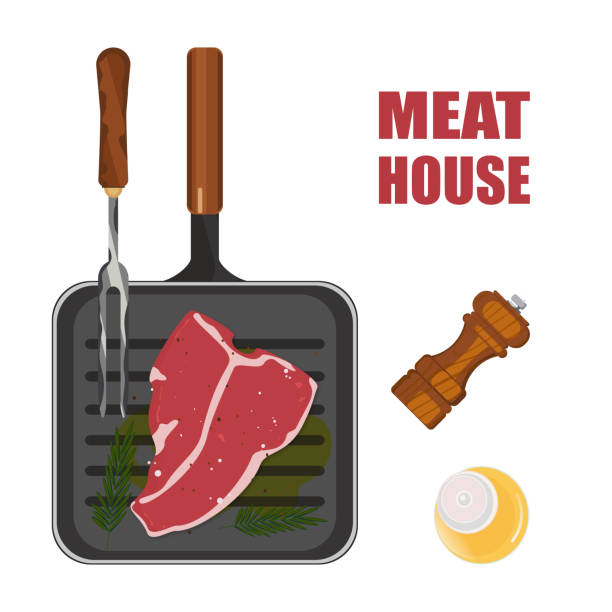 ilustrações de stock, clip art, desenhos animados e ícones de t-bone steak in grill pan, raw and ready to eat cooking barbecue grilled food, vector illustration. - steak meat beef t bone steak