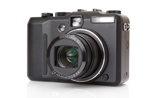 digital compact camera isolated on white back of black digital compact camera isolated on white point and shoot camera stock pictures, royalty-free photos & images