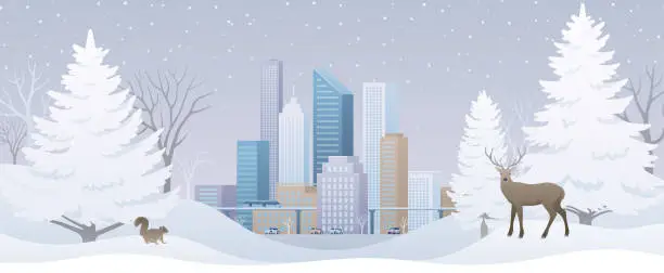 Vector illustration of Cityscape of day winter downtown with animals.
