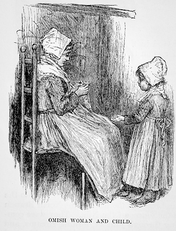 Engraving  from Harper's New Monthly Magazine Volume LXL June to November 1880:  An Amish woman sits in a chair knitting as her daughter stands by her knee.