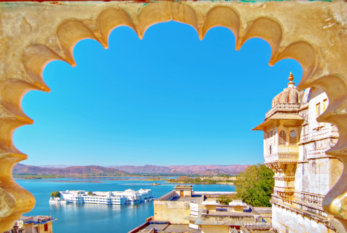 Rajasthan, India, Udaipur fortress view to Lake  Pichhola with clear blue sky.