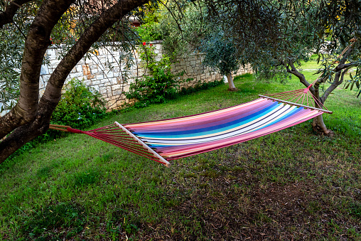 Colorful striped hammock between two trees in the backyard. Garden swing