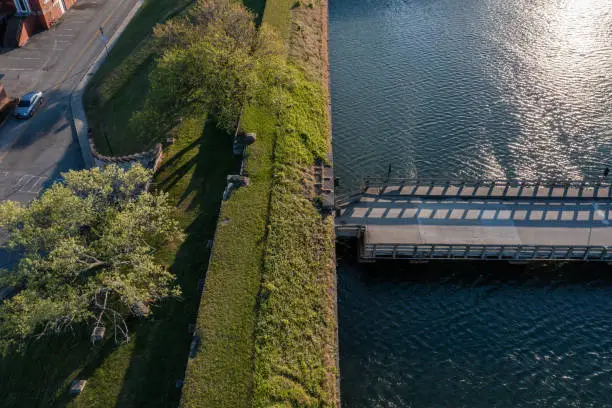 Aerial View of the Earthen Defensive Wall and Bridge Across the Moat at Fort Monroe Hampton Virginia