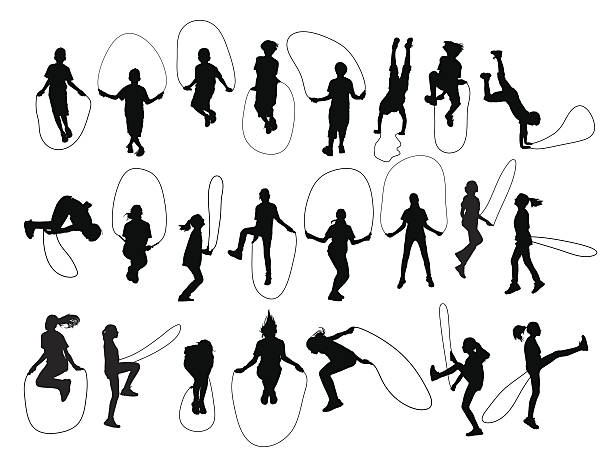 Vector set of children shapes playing jumping rope Vectors collection of young people meking exercise with jumping rope skipping stock illustrations