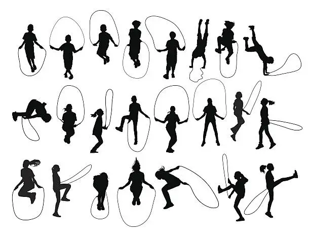Vector illustration of Vector set of children shapes playing jumping rope