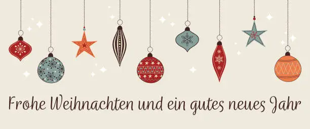 Vector illustration of Frohe Weihnachten und ein gutes neues Jahr - text in German language - Merry Christmas and a Happy New Year. Greeting banner with colorful Christmas balls.