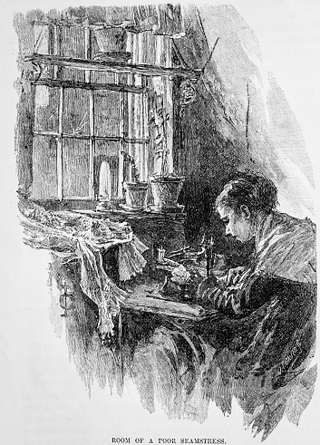 Engraving  from Harper's New Monthly Magazine Volume LXL June to November 1880:  A  young woman works alone as a seamstress on her sewing machine by a window in her room