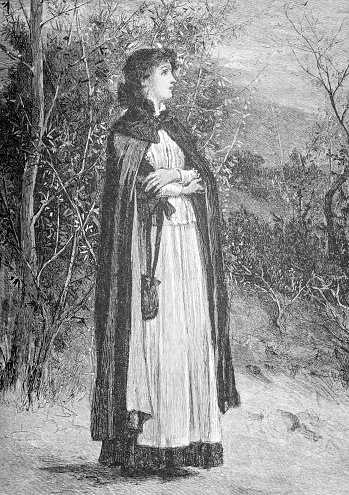 Engraving  from Harper's New Monthly Magazine Volume LXL June to November 1880:  A woman in period costume including a purse and cape, waits for a companion in a wooded area.