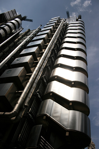 Low angle view of of the Lloyd's of London building within the financial district of London, UK, 28 June 2009.
