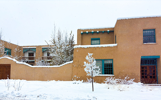 Santa Fe, NM: The Santa Fe County Administration Complex (formerly the Courthouse) in a snowstorm.