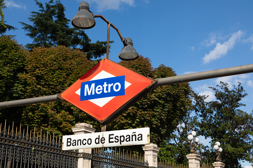 Banco de España metro station sign in the street of Madrid