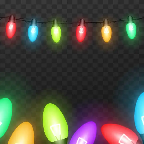 Vector illustration of Light bulbs. Christmas String Lights. Vector clipart isolated on a transparent background.