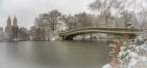 Bow bridge, Central Park, New York City in winter during a snow storm