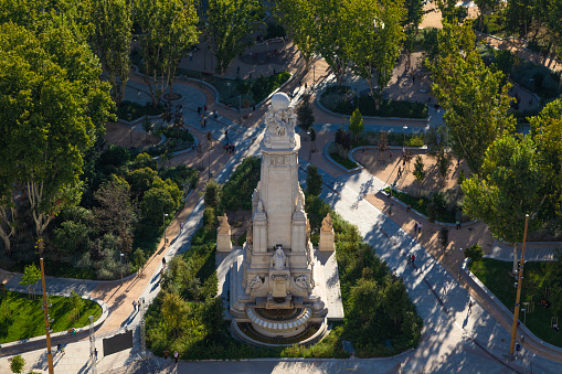 Aerial view of the Cervantes Monument at Plaza de España in Madrid, Spain