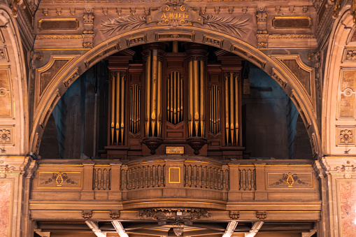 santiago - chile. Classic golden organ in a cathedral church with traditional decoration and style