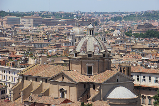 Panoramic elevated view over the city of Rome, Italy, June 02 2015, with residential, historical and commercial buildings.