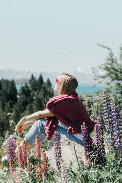 eine frau sitzt in der natur neben blühenden lupinen mit blick auf die berglandschaft. reise - lupine single flower flower blue stock-fotos und bilder