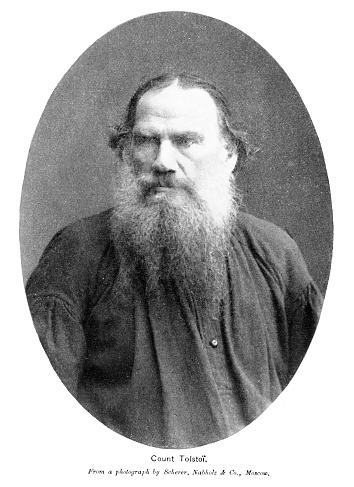 Portrait of Count Lev Nikolayevich Tolstoy, a Russian author, received multiple nominations for the Nobel Prize in Literature and the Nobel Peace Prize. Photograph engraving  published 1895. The original edition is in my archives. Copyright has expired and is in Public Domain.