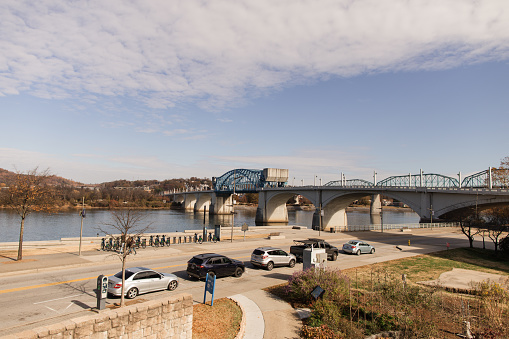 Blue Bridge in Downtown Chattanooga, Tennessee During Thanksgiving Week in the Fall of 2023