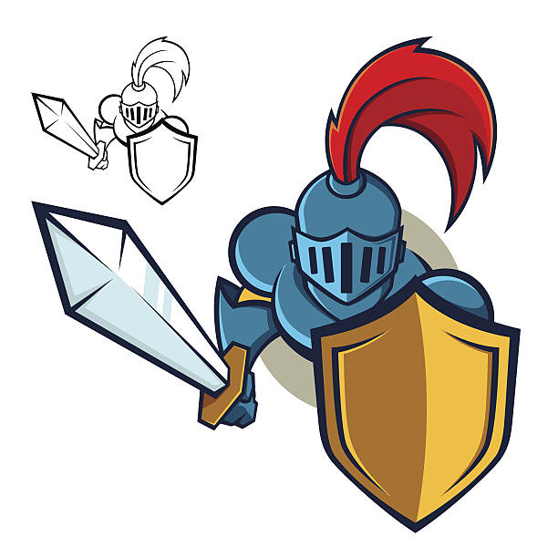 ilustraciones, imágenes clip art, dibujos animados e iconos de stock de knight soporte protector y espada, mascot - medieval knight helmet suit of armor