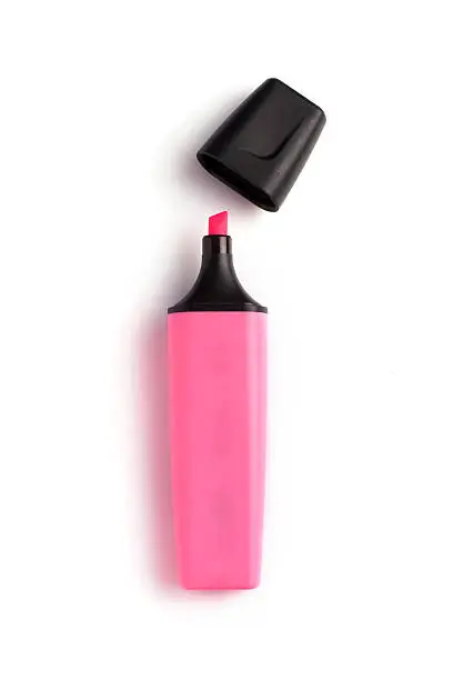 Photo of Pink highlighter with the cap off on white background