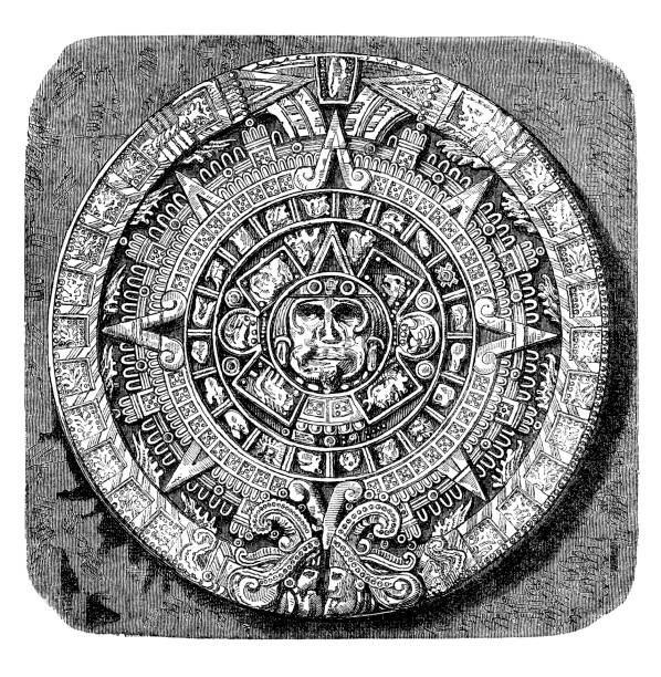 istock Engraving of aztec calendar stone from 1870 183136481