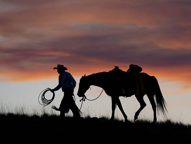 istock Silhouetted Cowboy walks horse before red sunset 183136571