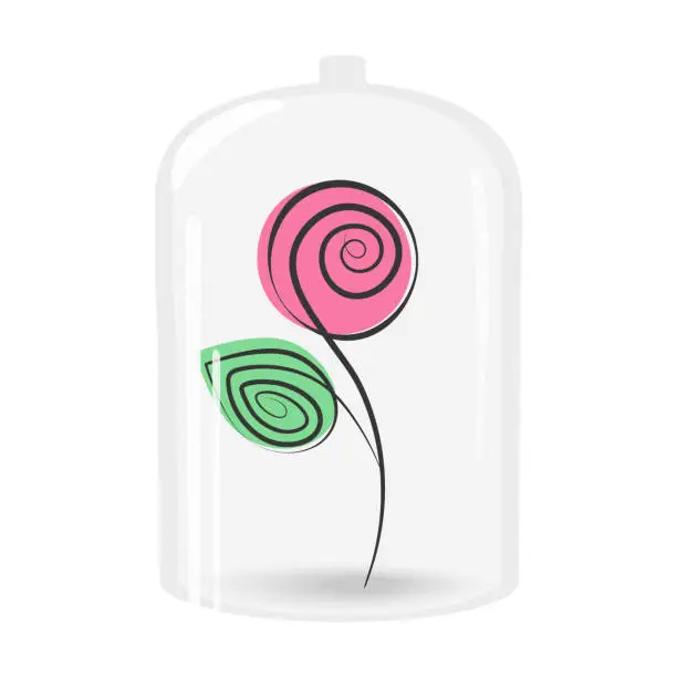 Vector illustration of Stylized rose with spots in trendy marker hues inside transparent glass lid. Greeting design concept