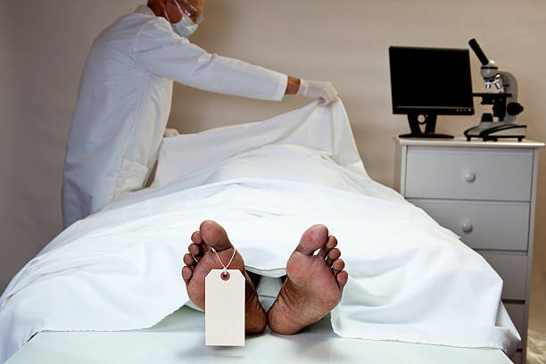 Dead man in morgue, coroner covers up body, toe tag. stock photo