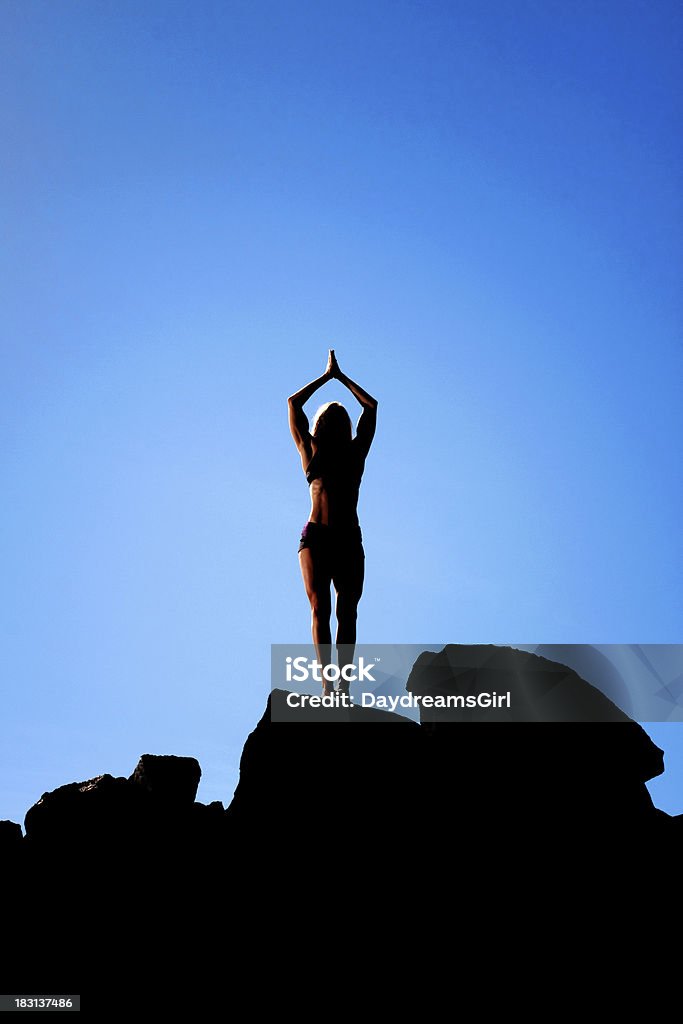 Silueta de mujer Bodybuilder on Rocks fondo con Sky - Foto de stock de Aire libre libre de derechos