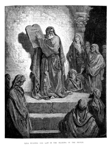 Vintage engraving from the 1870 of a scene from the Old Testament by Gustave Dore showing Ezra reading the Law in the hearing of the people.