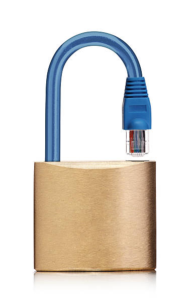 Ethernet cable plugged into padlock - Network security Network cable morphed into lock component in open position. isolated on white. cable network connection plug computer cable internet stock pictures, royalty-free photos & images
