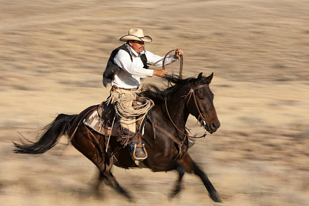 istock Cowboy streaks by on horse with blurred feet and background 183139331