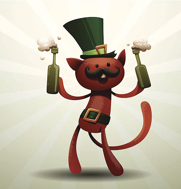 illustrations, cliparts, dessins animés et icônes de saint patrick chat avec deux bouteilles de bière - st patricks day pot of gold clover irish culture