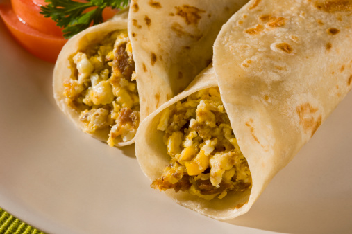 Scrambled eggs with machaca dried meat Tacos in Flour Tortilla