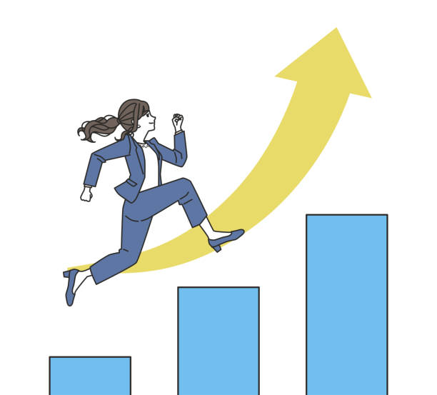 ilustraciones, imágenes clip art, dibujos animados e iconos de stock de mujeres que aspiran a un ascenso profesional - siguiente nivel expresión