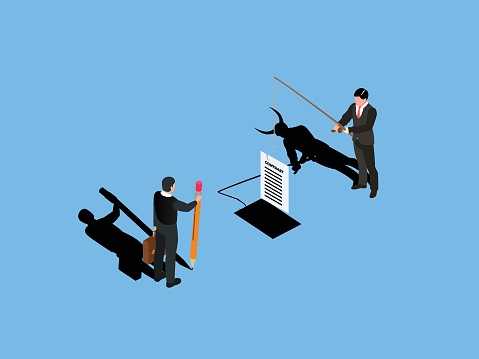 Businessman handling a contract to customer and his shadow showing a devil isometric 3d vector concept