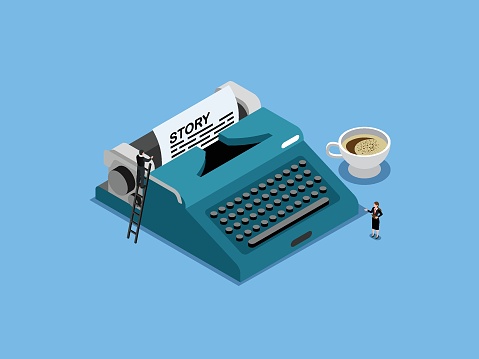 Narrative scene development with typewriter isometric 3d vector concept