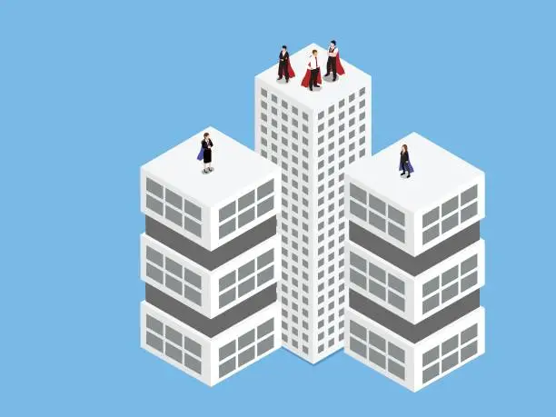 Vector illustration of man and woman wearing formal clothes standing on top of skyscraper, people with cloaks superhero teamwork