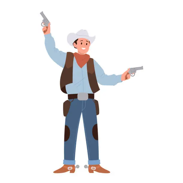 Vector illustration of Young cowboy actor cartoon character in traditional costume and hat performing with revolvers