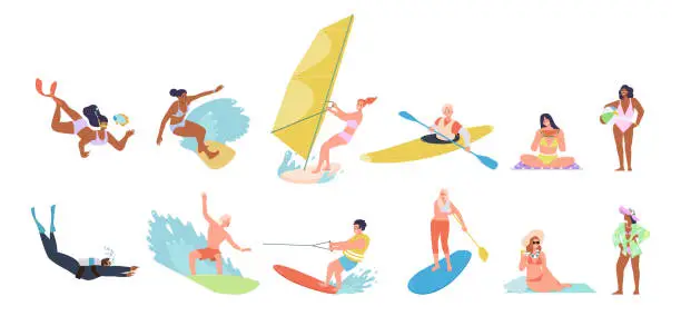 Vector illustration of Different people cartoon characters engaged in beach recreation and water sport activities set
