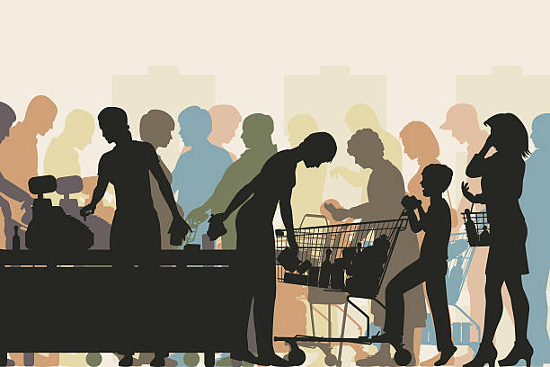 supermarkt check-out - waiting in line illustrations stock-grafiken, -clipart, -cartoons und -symbole